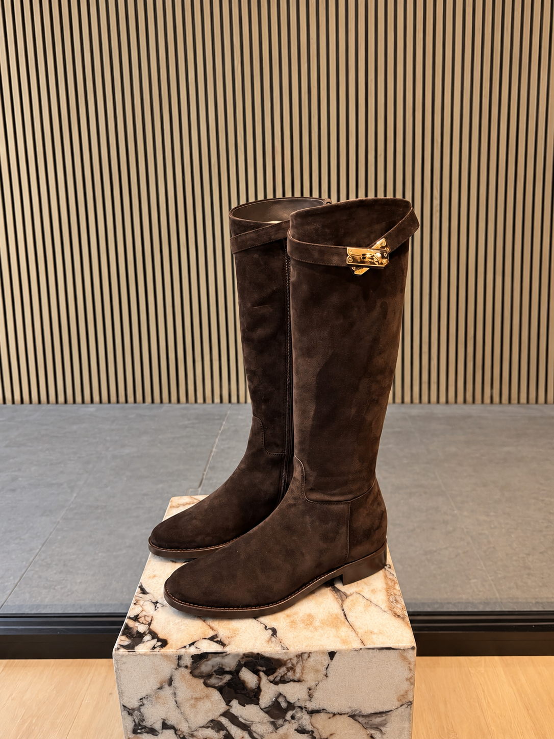 Women's Dark Brown Suede Leather Knee-High Boots With Golden Buckle