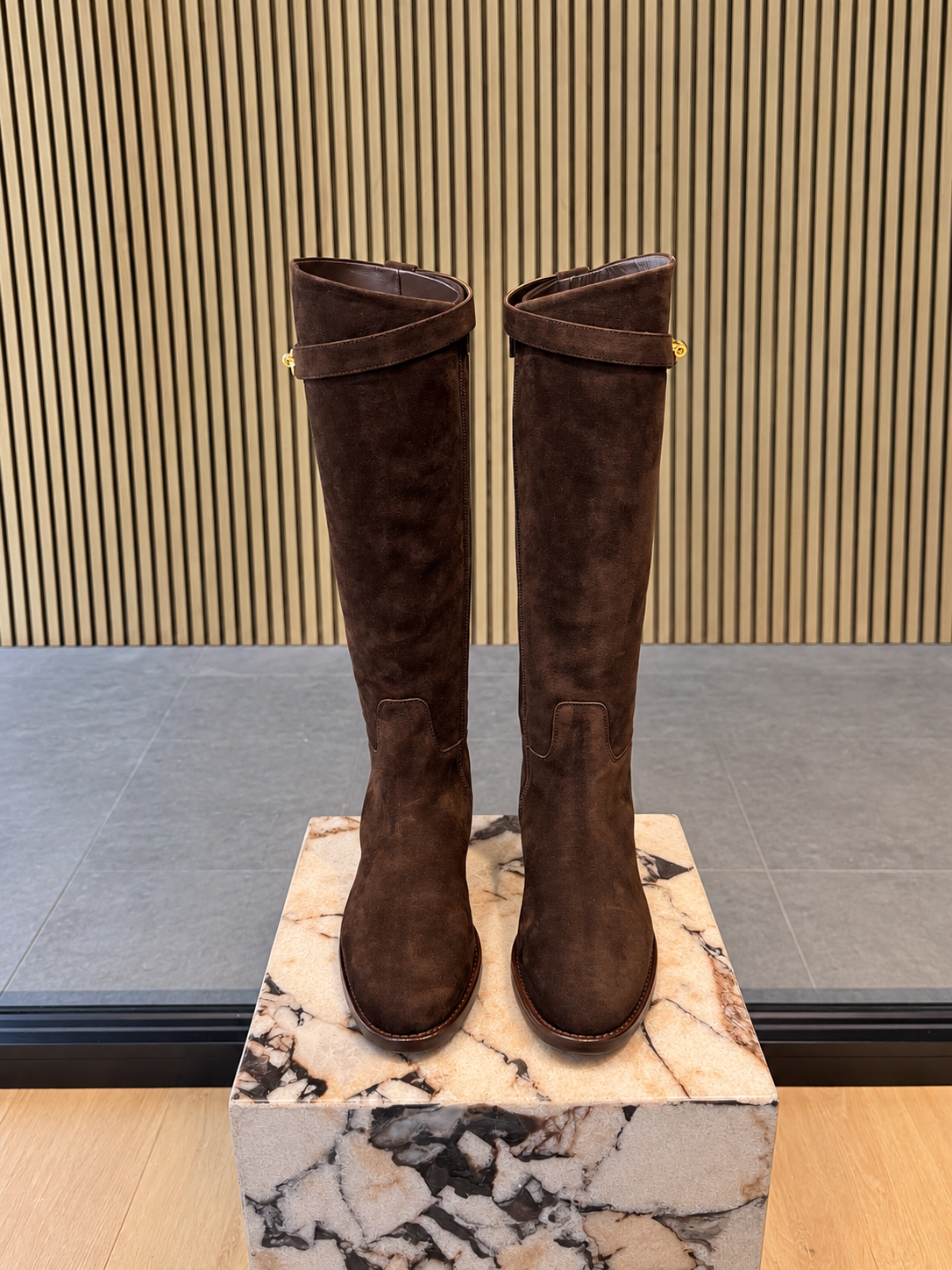 Women's Dark Brown Suede Leather Knee-High Boots With Golden Buckle