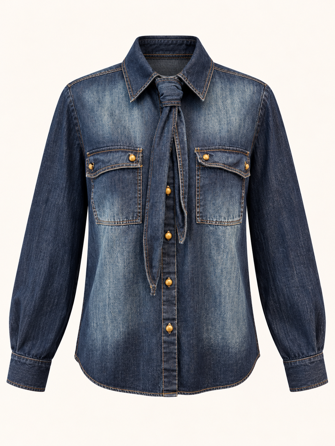 Dark Blue Denim Shirt with Tie-Neck & Gold Buttons