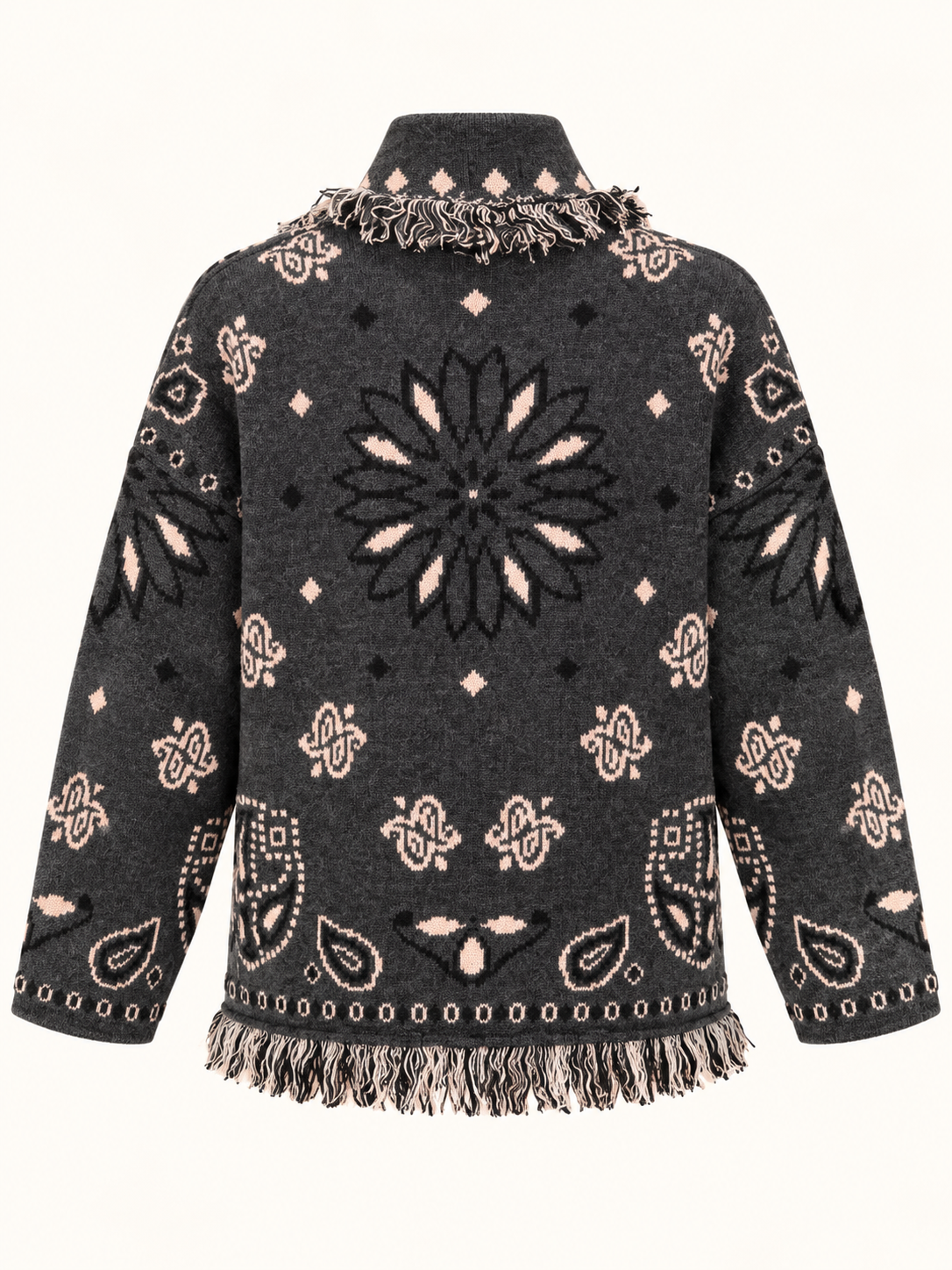 Charcoal With Pastel Pink Paisley Knit Cardigan With Fringe Trim