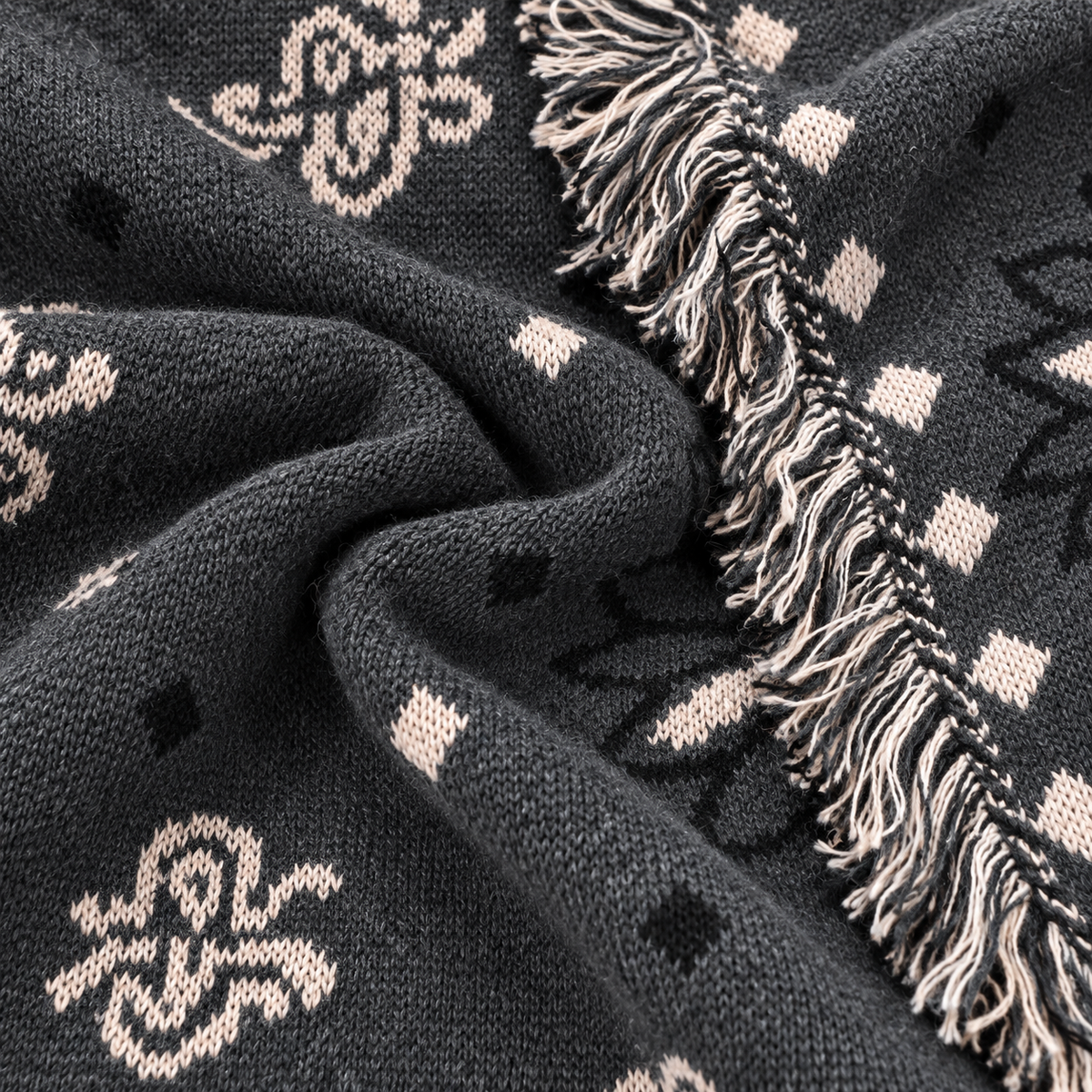 Charcoal With Pastel Pink Paisley Knit Cardigan With Fringe Trim