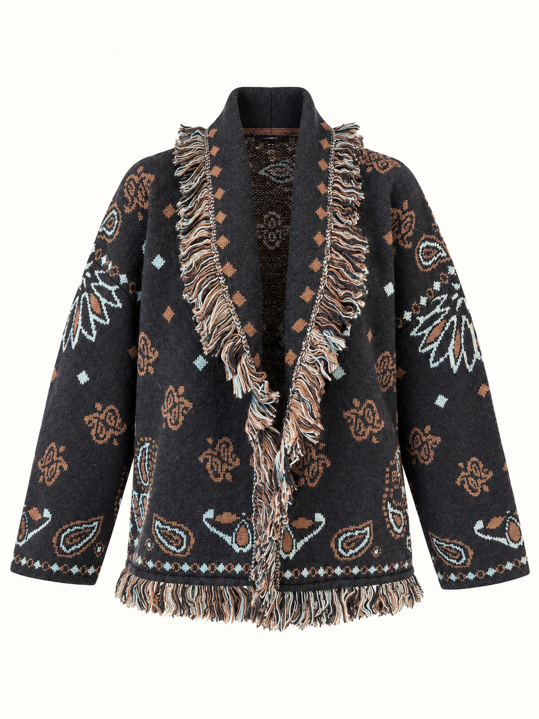 Navy Blue With Brown Paisley Knit Cardigan With Fringe Trim
