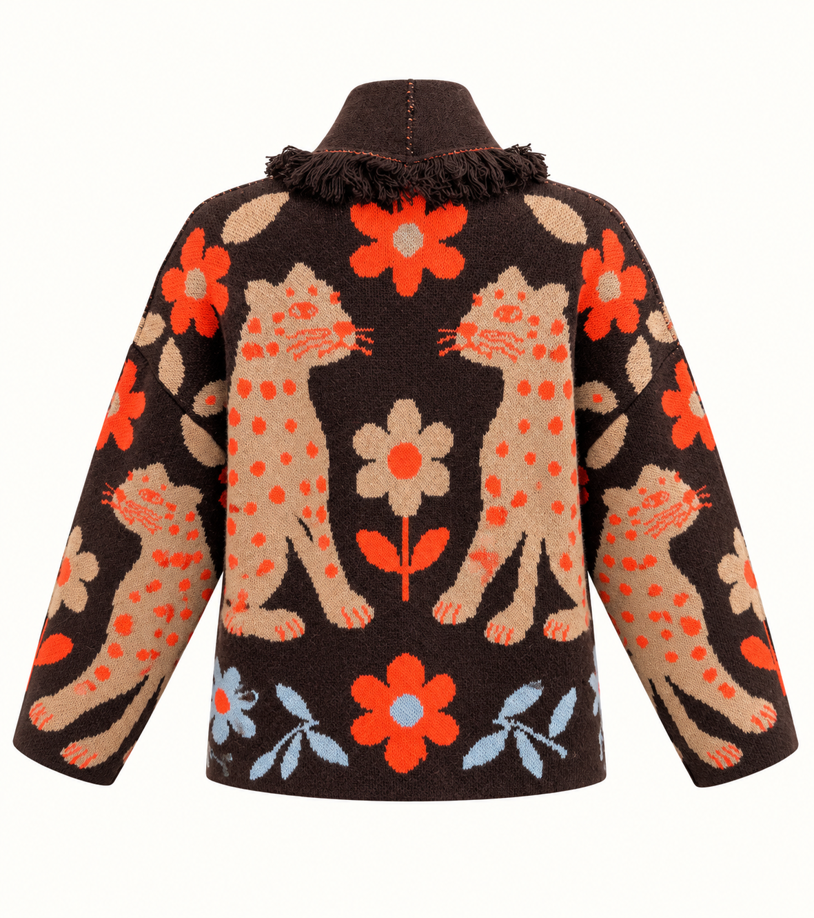Women's Relaxed Fit Brown Jacquard Knit Cardigan With Leopard And Floral Print