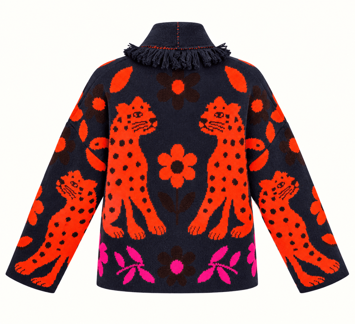 Women's Relaxed Fit Navy Jacquard Knit Cardigan With Leopard & Floral Print