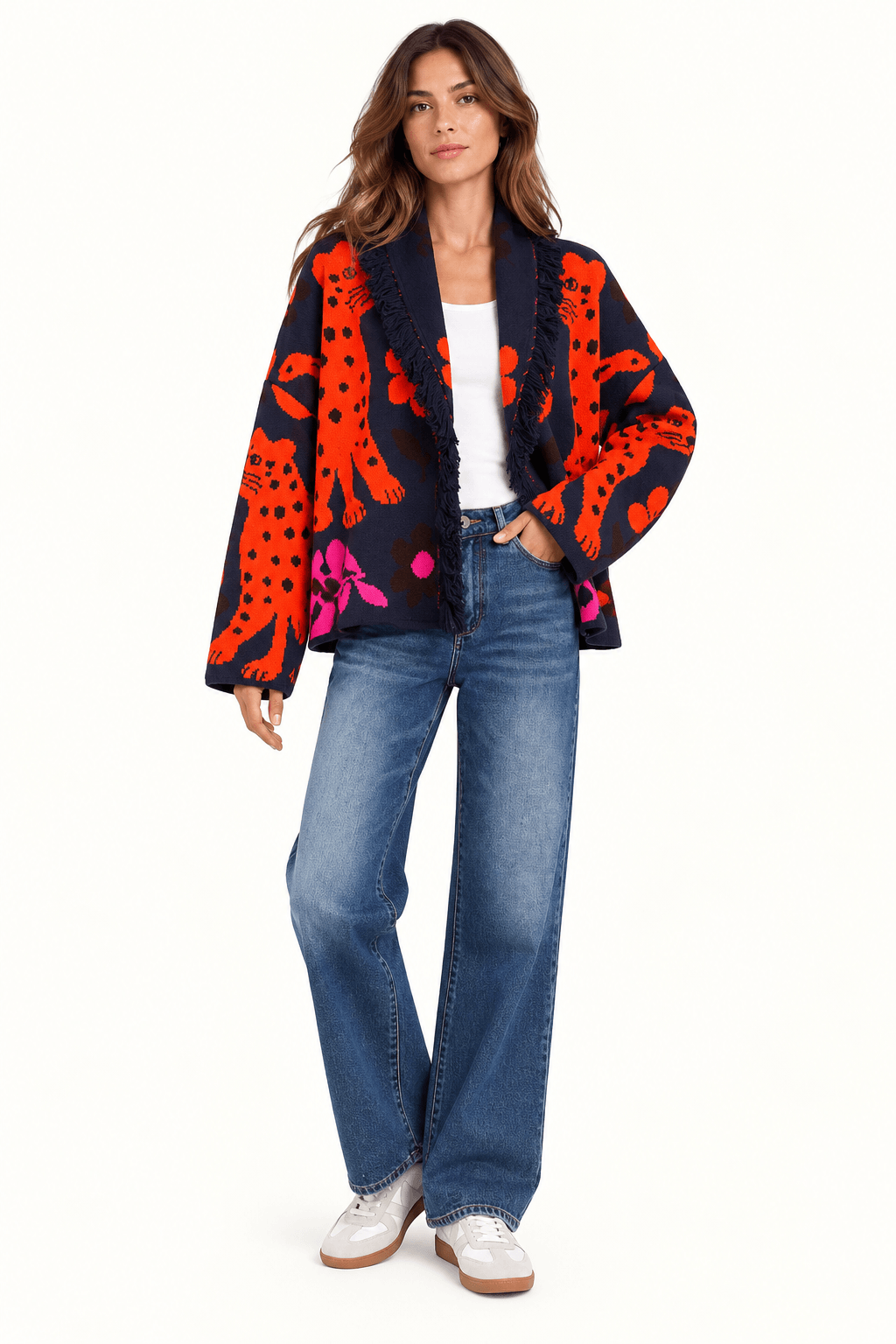 Women's Relaxed Fit Navy Jacquard Knit Cardigan With Leopard & Floral Print