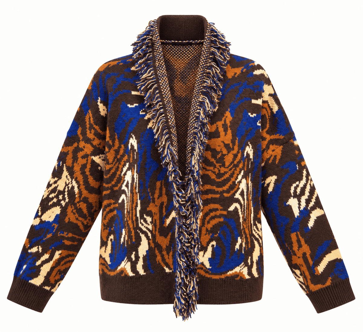 Women's Relaxed Fit Fringed Jacquard Knit Cardigan - Brown, Cobalt Blue & Rust
