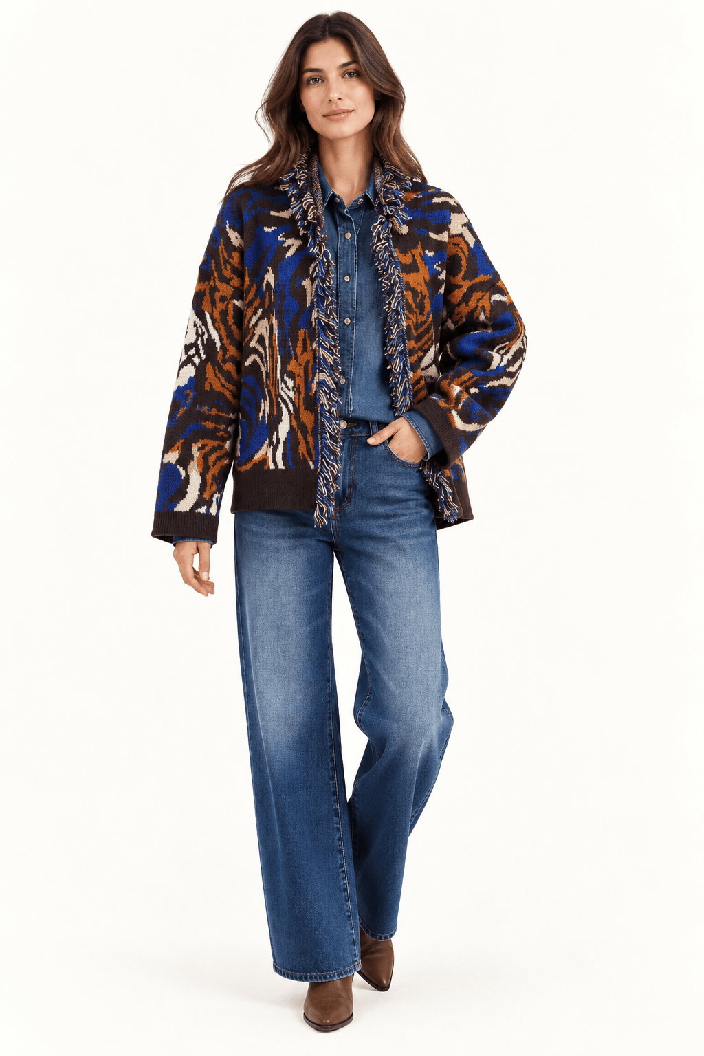 Women's Relaxed Fit Fringed Jacquard Knit Cardigan - Brown, Cobalt Blue & Rust