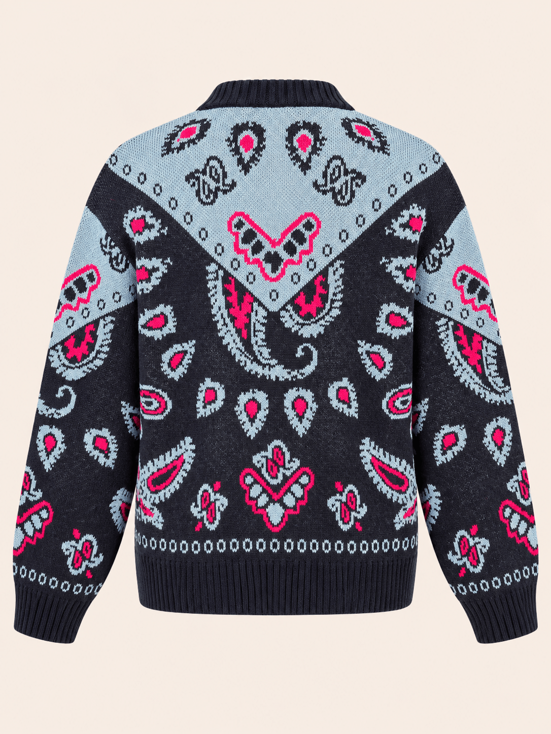 Relaxed Fit Navy Paisley Jacquard Zip-Up Cardigan - Women's Knitwear