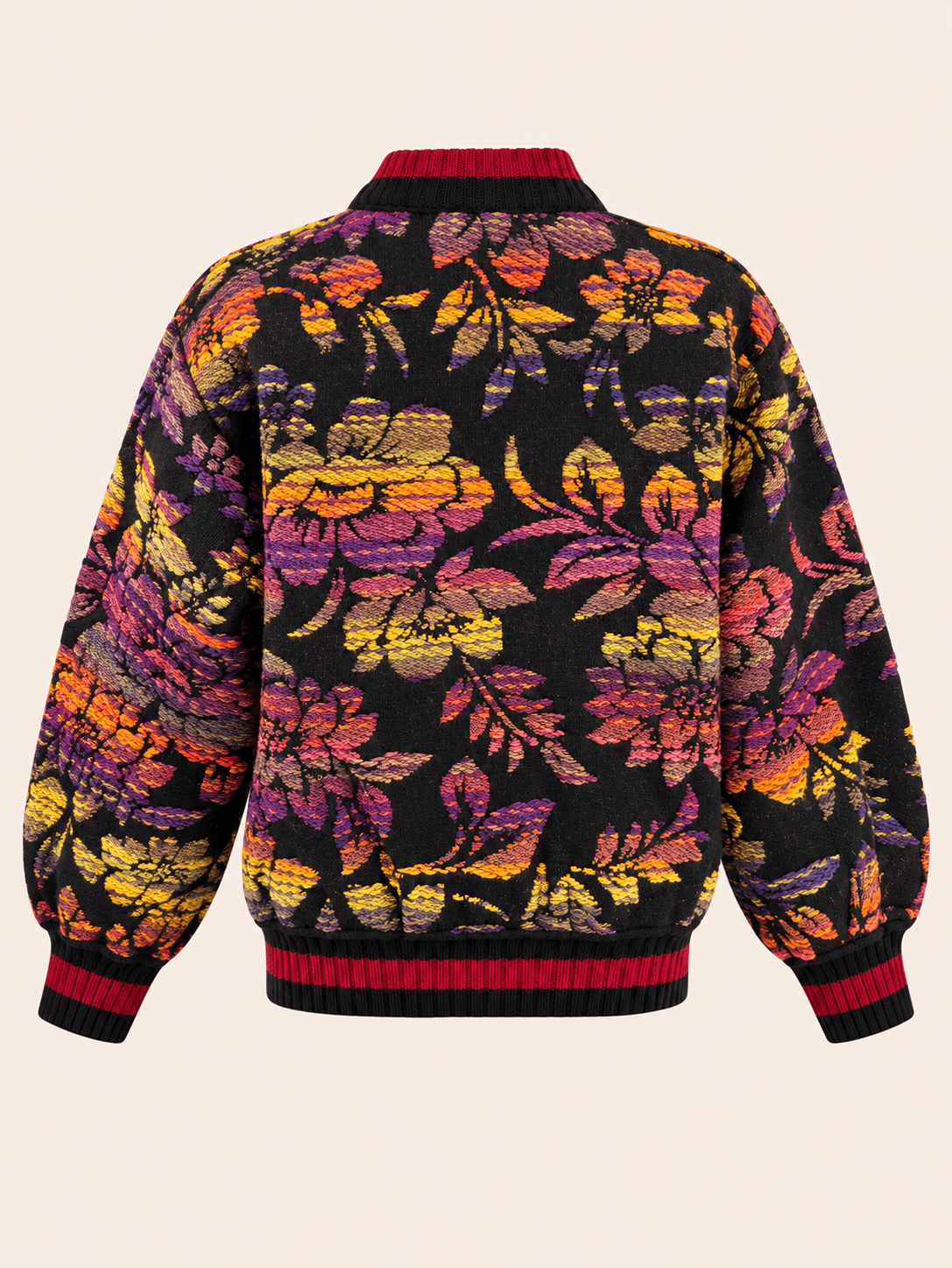 Women's Relaxed Fit Floral Jacquard Bomber Cardigan - Black Multicolor