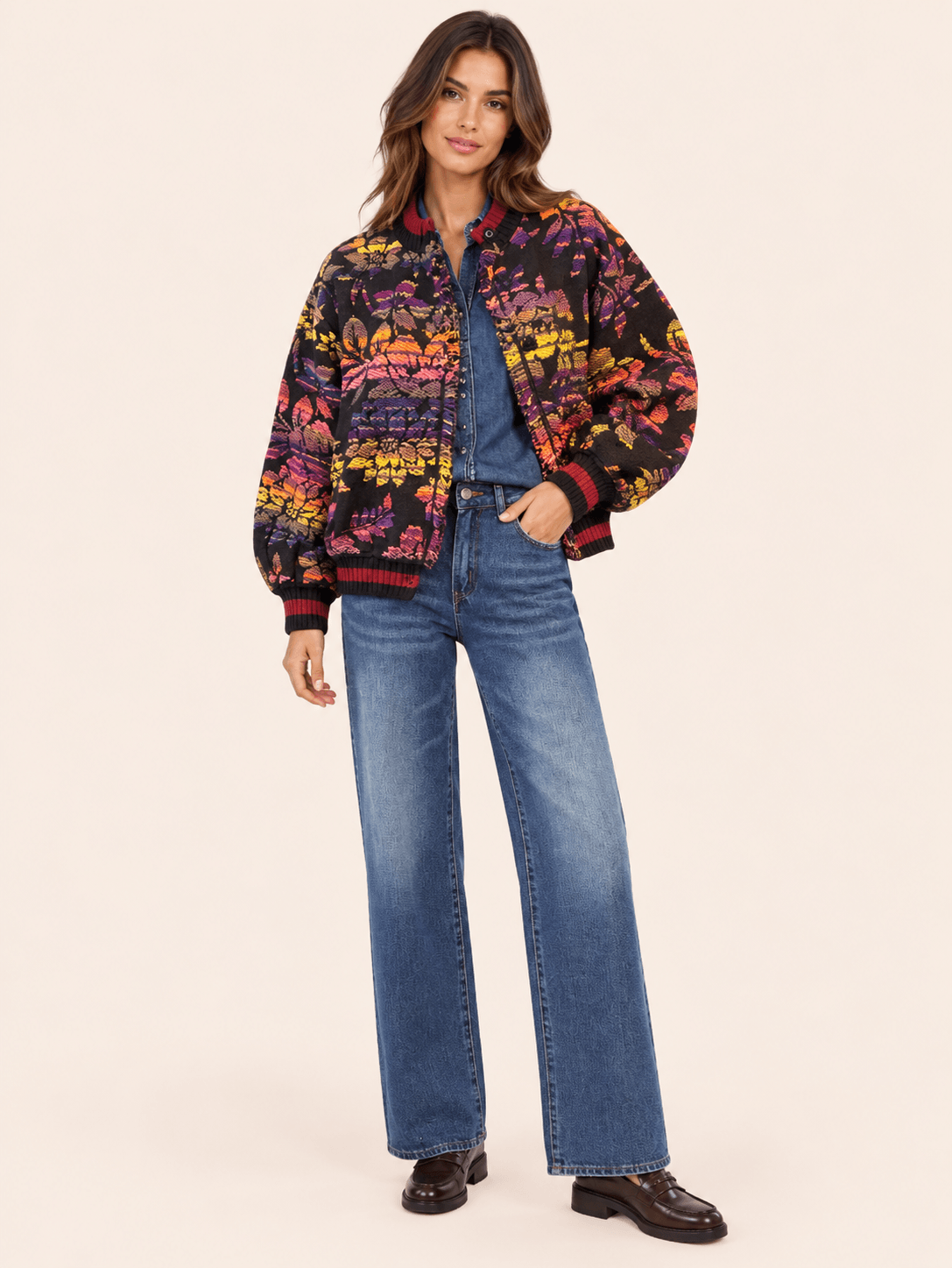 Women's Relaxed Fit Floral Jacquard Bomber Cardigan - Black Multicolor