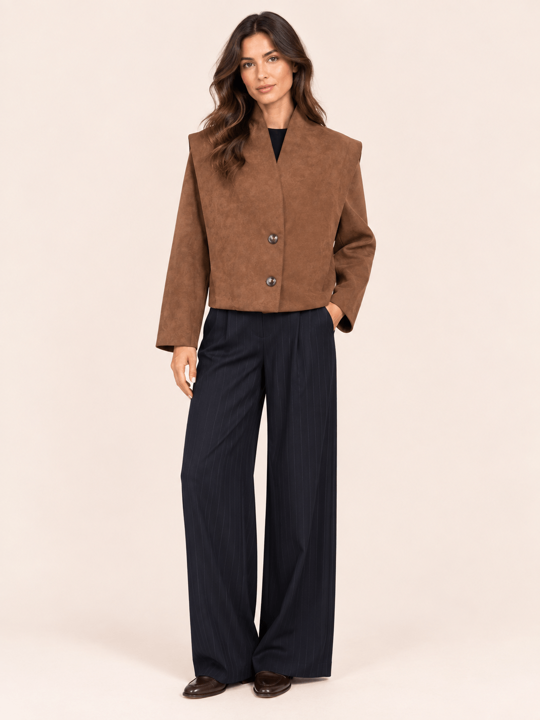 Relaxed Fit Brown Faux Leather Jacket With Statement Shoulders