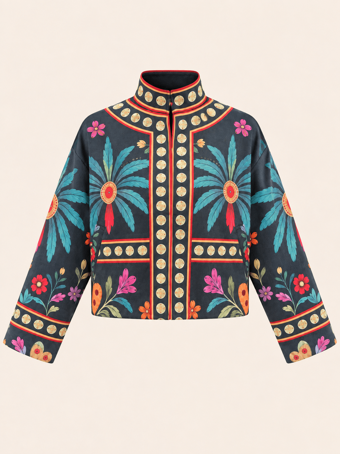 Relaxed Fit Floral Print Cropped Jacket With Mandarin Collar