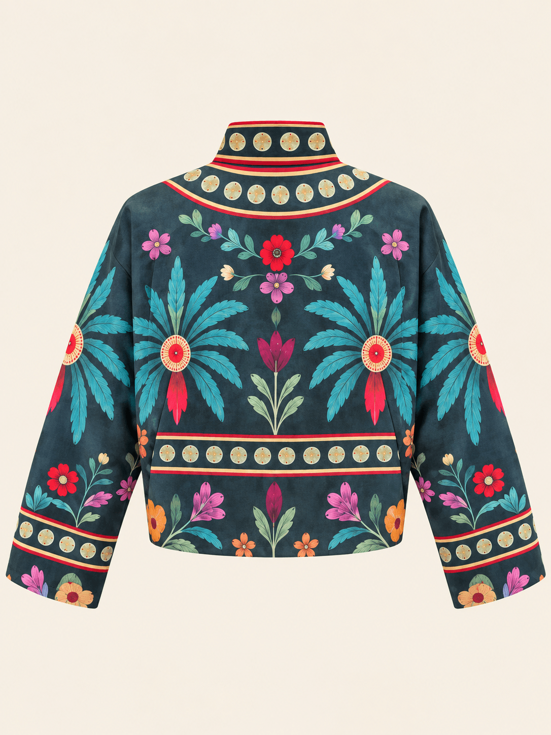 Relaxed Fit Floral Print Cropped Jacket With Mandarin Collar