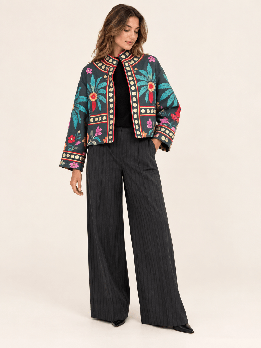 Relaxed Fit Floral Print Cropped Jacket With Mandarin Collar