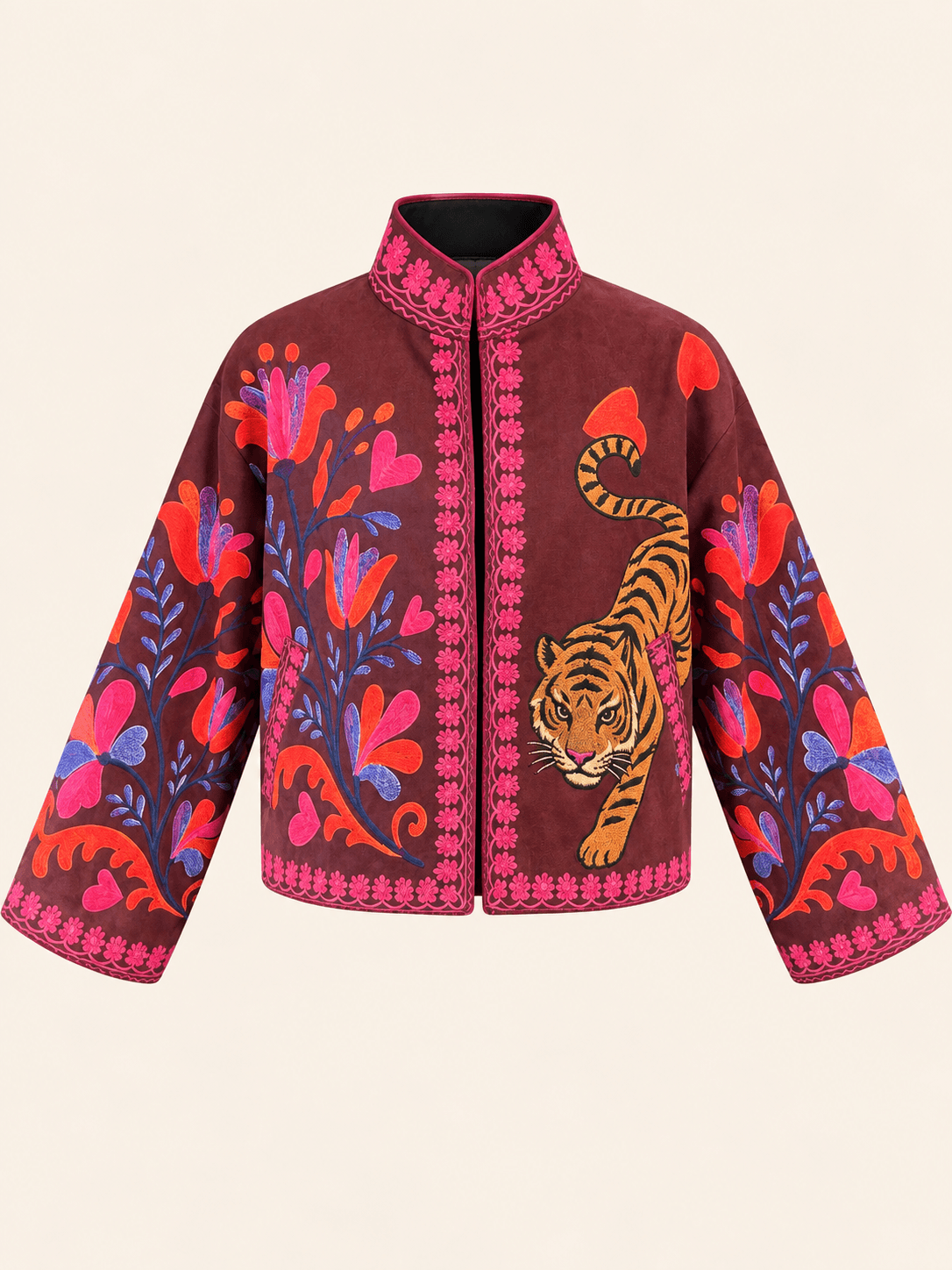 Relaxed Fit Brown Tiger & Floral Cropped Jacket With Mandarin Collar