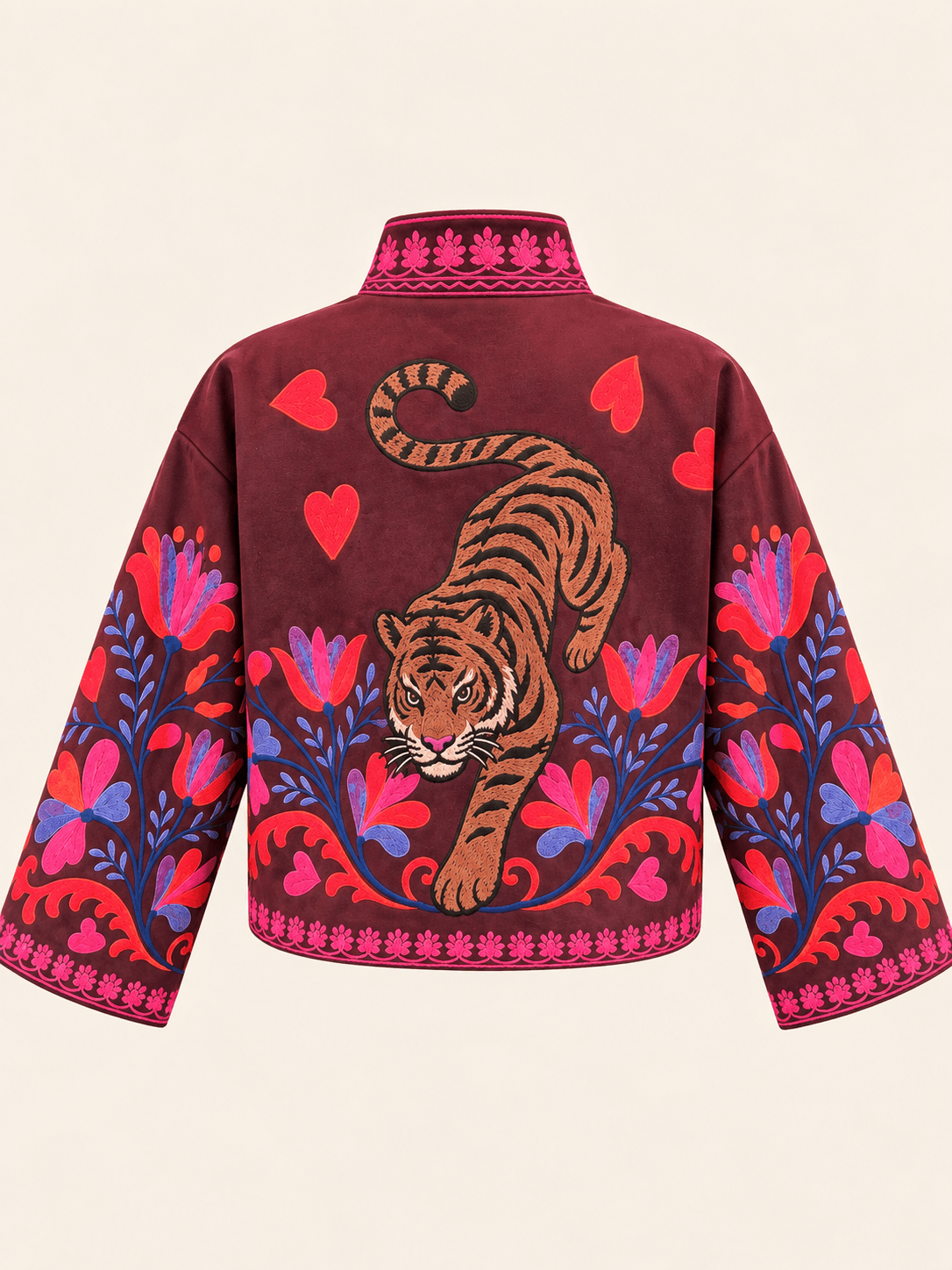 Relaxed Fit Brown Tiger & Floral Cropped Jacket With Mandarin Collar