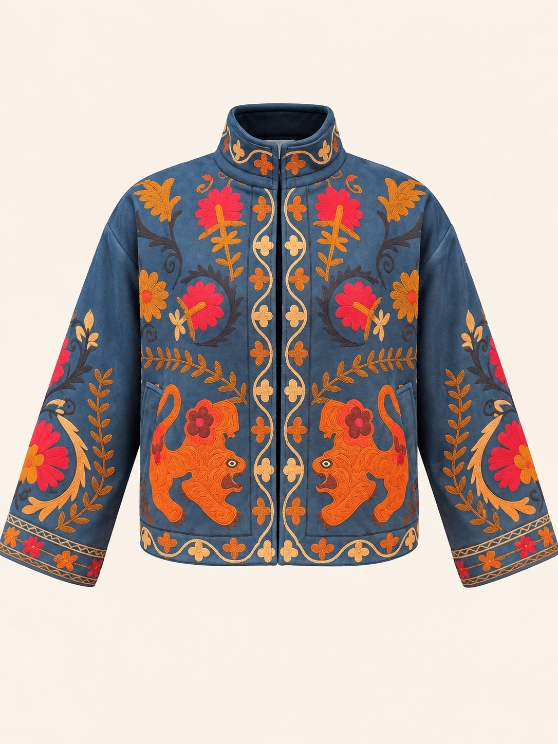 Relaxed Fit Blue Floral Print Cropped Jacket With Mandarin Collar