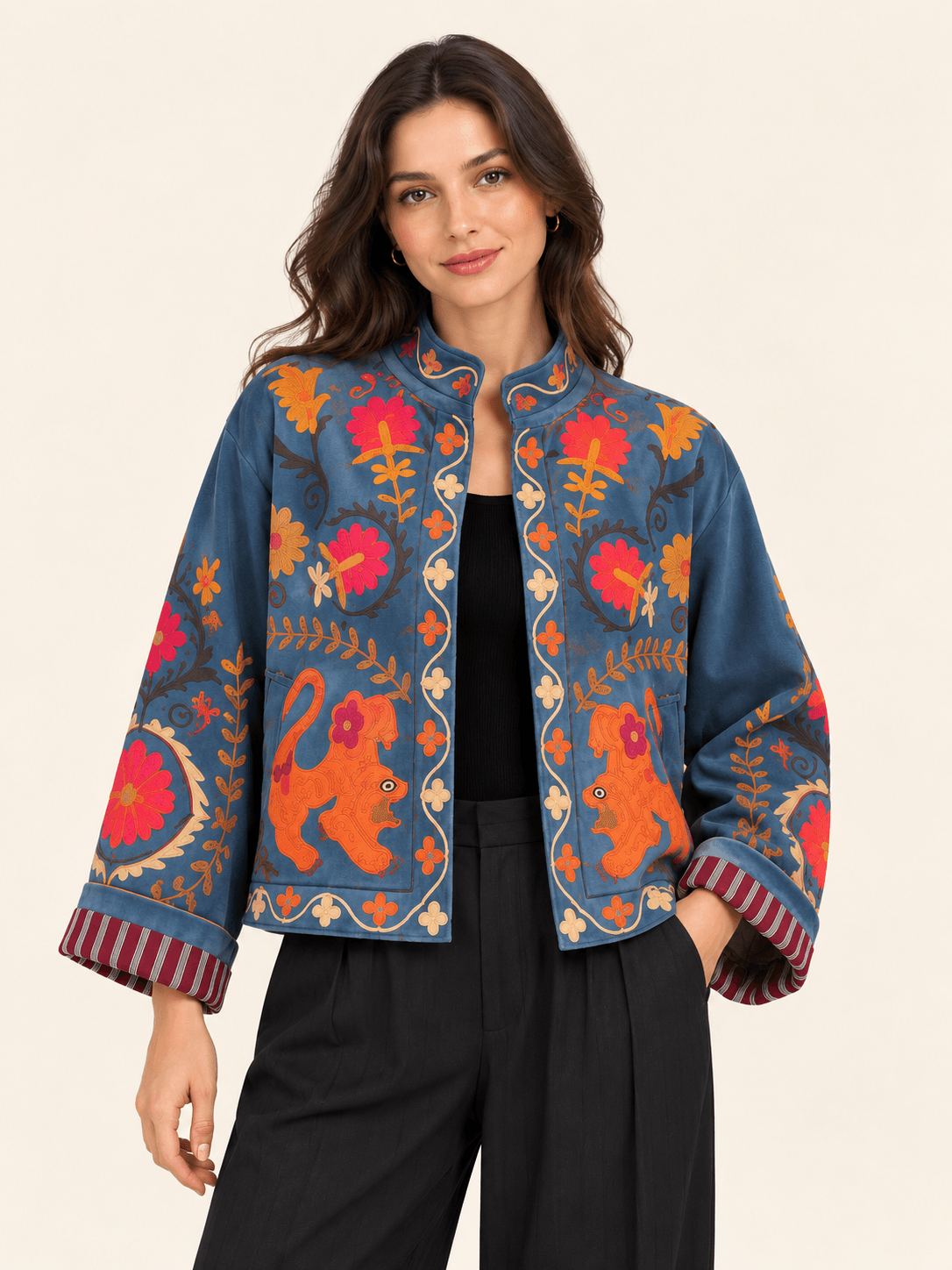Relaxed Fit Blue Floral Print Cropped Jacket With Mandarin Collar