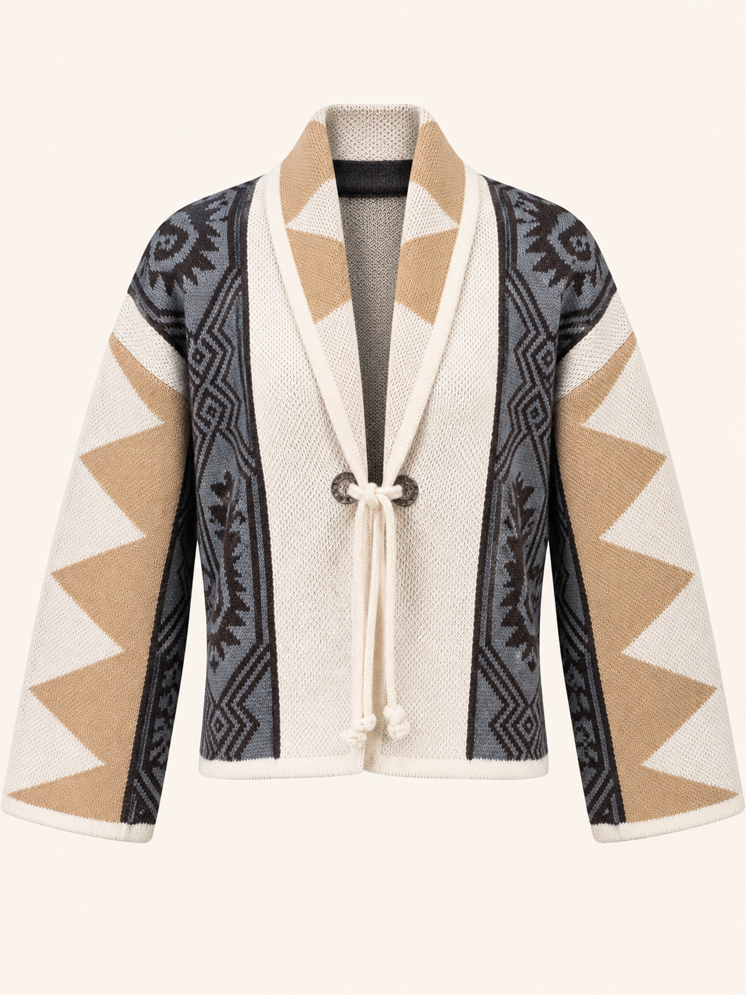 Women's Geometric Knit Cardigan With Tie Front - Cream, Camel & Grey