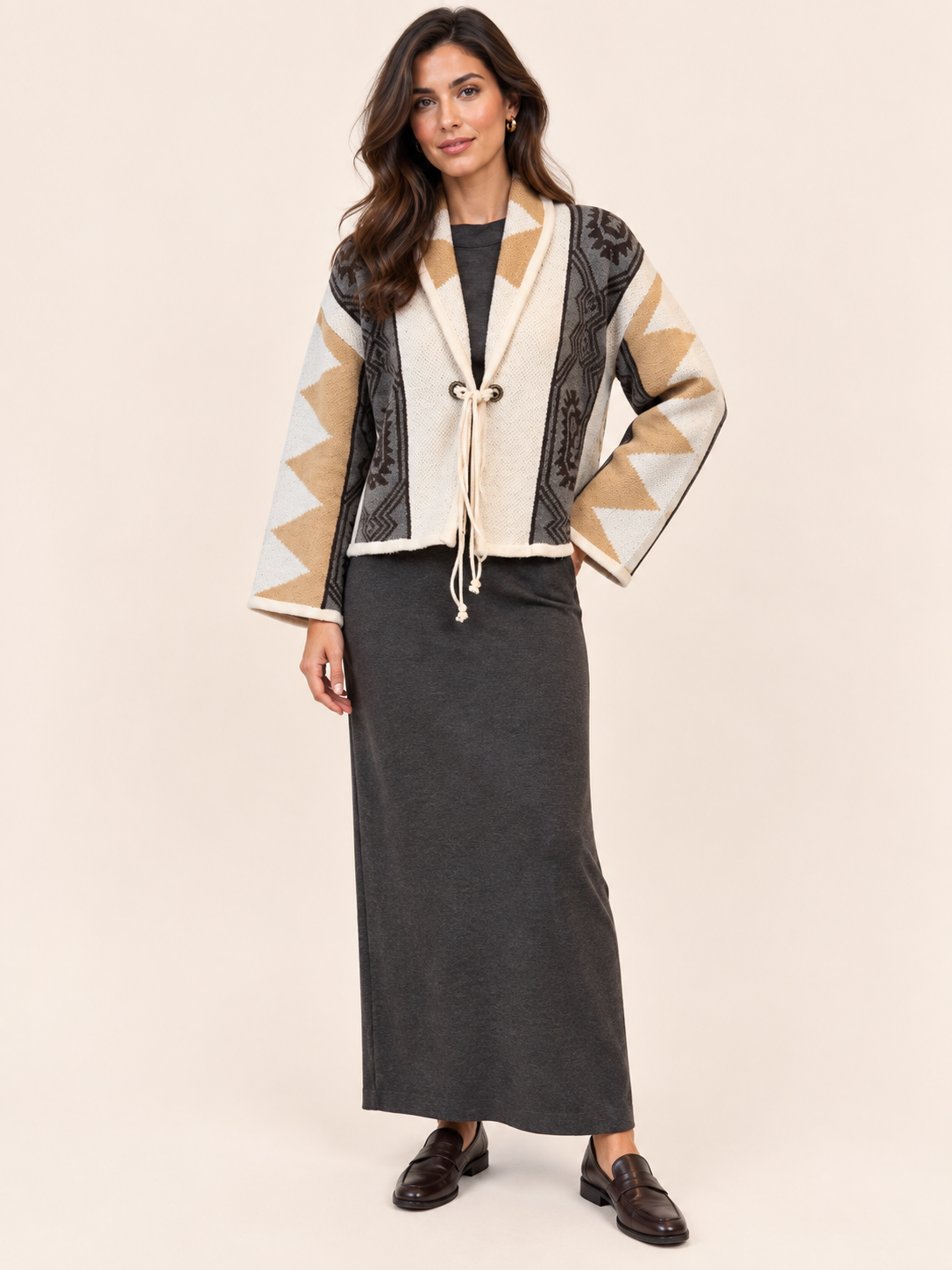 Women's Geometric Knit Cardigan With Tie Front - Cream, Camel & Grey