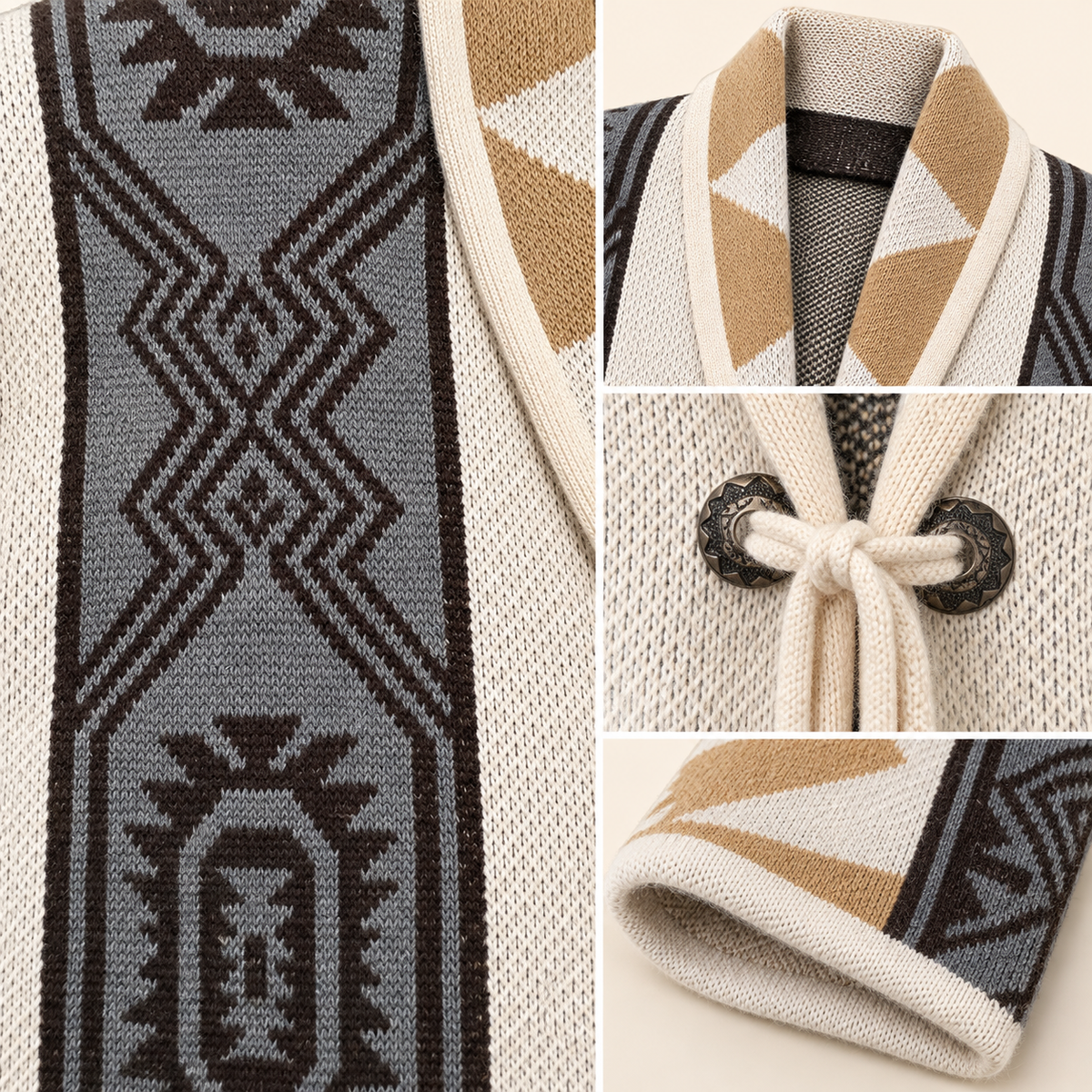 Women's Geometric Knit Cardigan With Tie Front - Cream, Camel & Grey