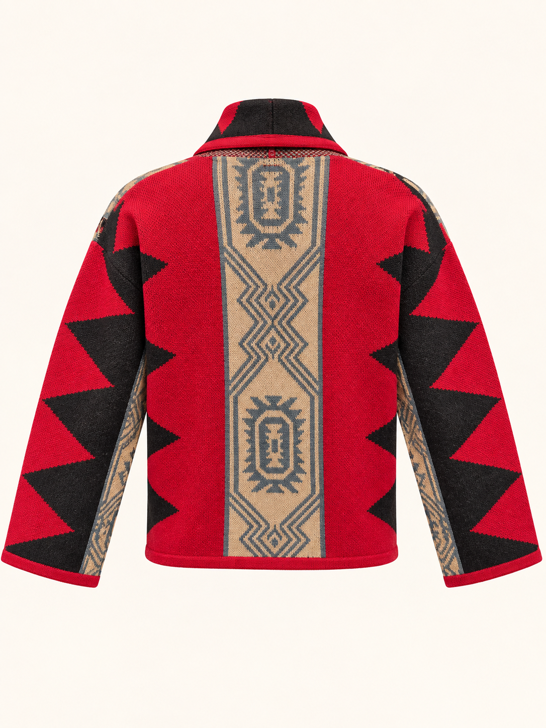 Women's Geometric Knit Cardigan With Tie Front - Red, Brown & Camel