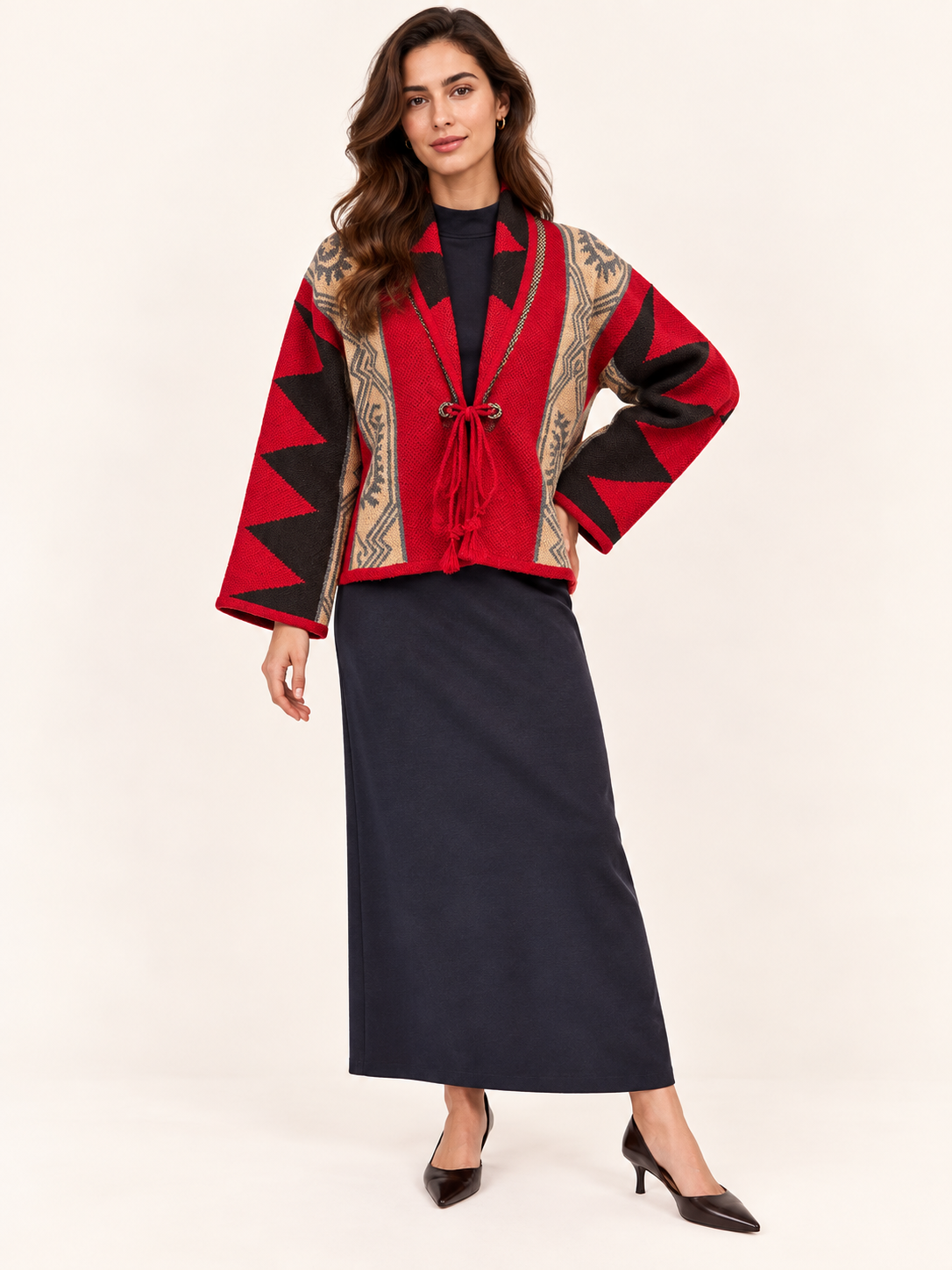Women's Geometric Knit Cardigan With Tie Front - Red, Brown & Camel
