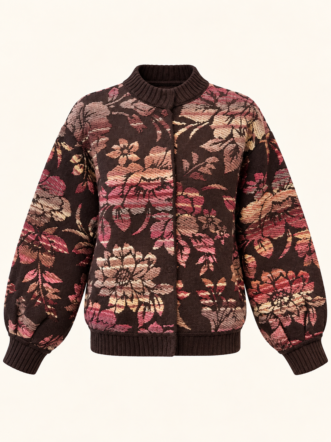 Women's Relaxed Fit Brown Floral Jacquard Bomber Cardigan