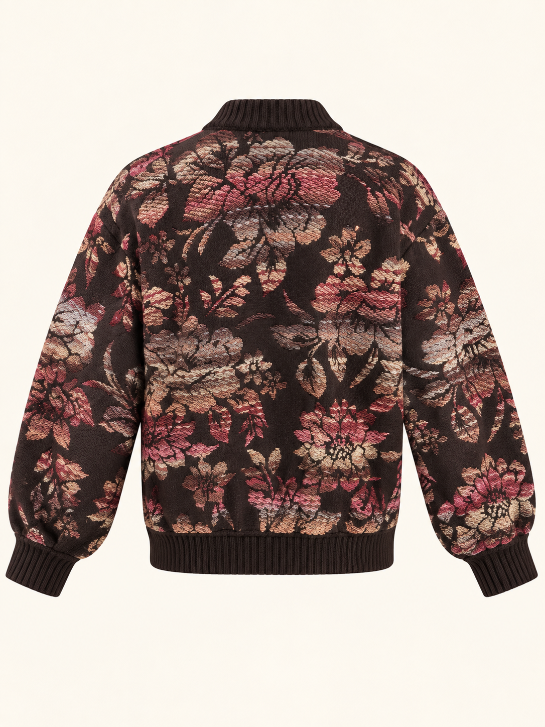 Women's Relaxed Fit Brown Floral Jacquard Bomber Cardigan