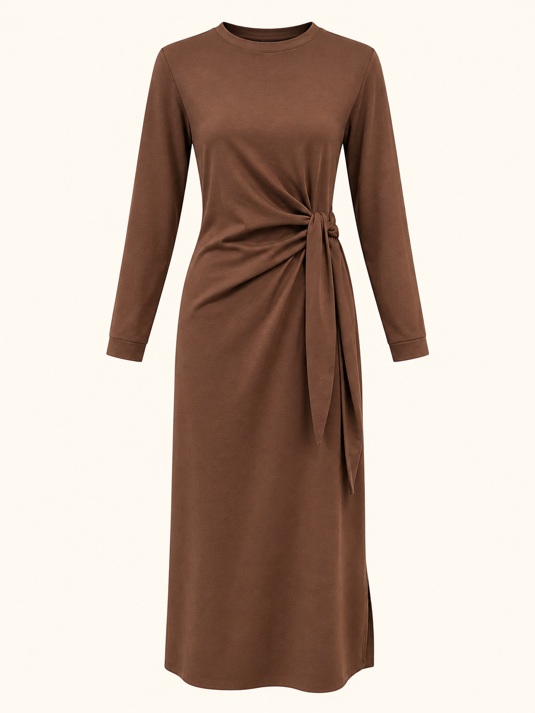 Chocolate Brown Side-Knot Long Sleeve Maxi Dress