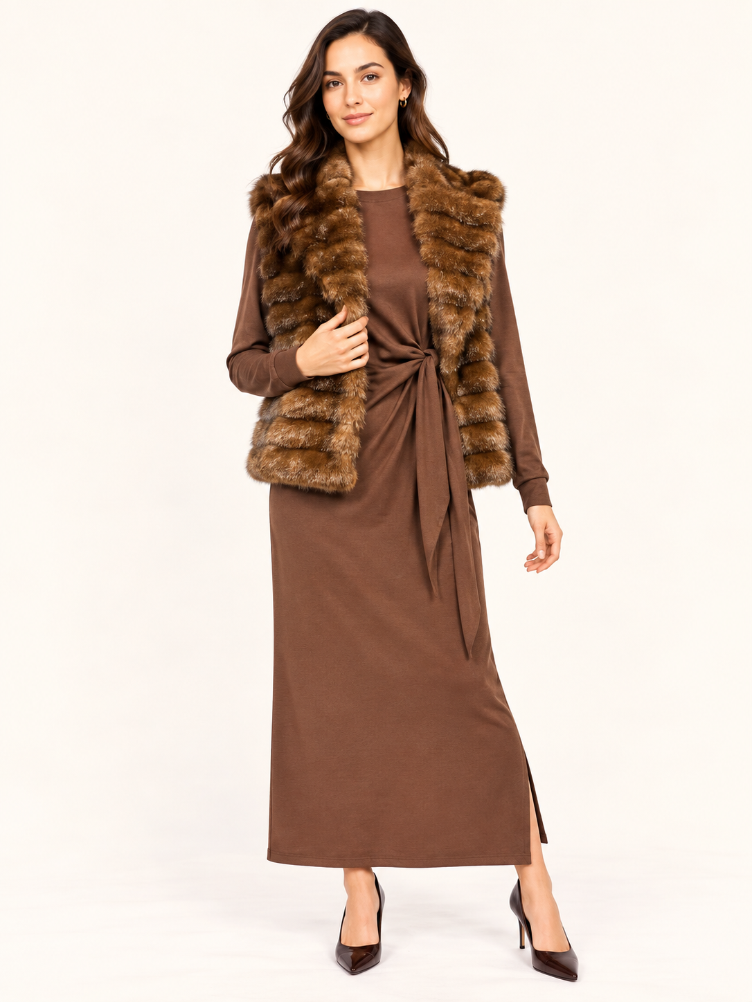 Brown Faux Fur Vest With Wide Collar - Women's Luxury Gilet