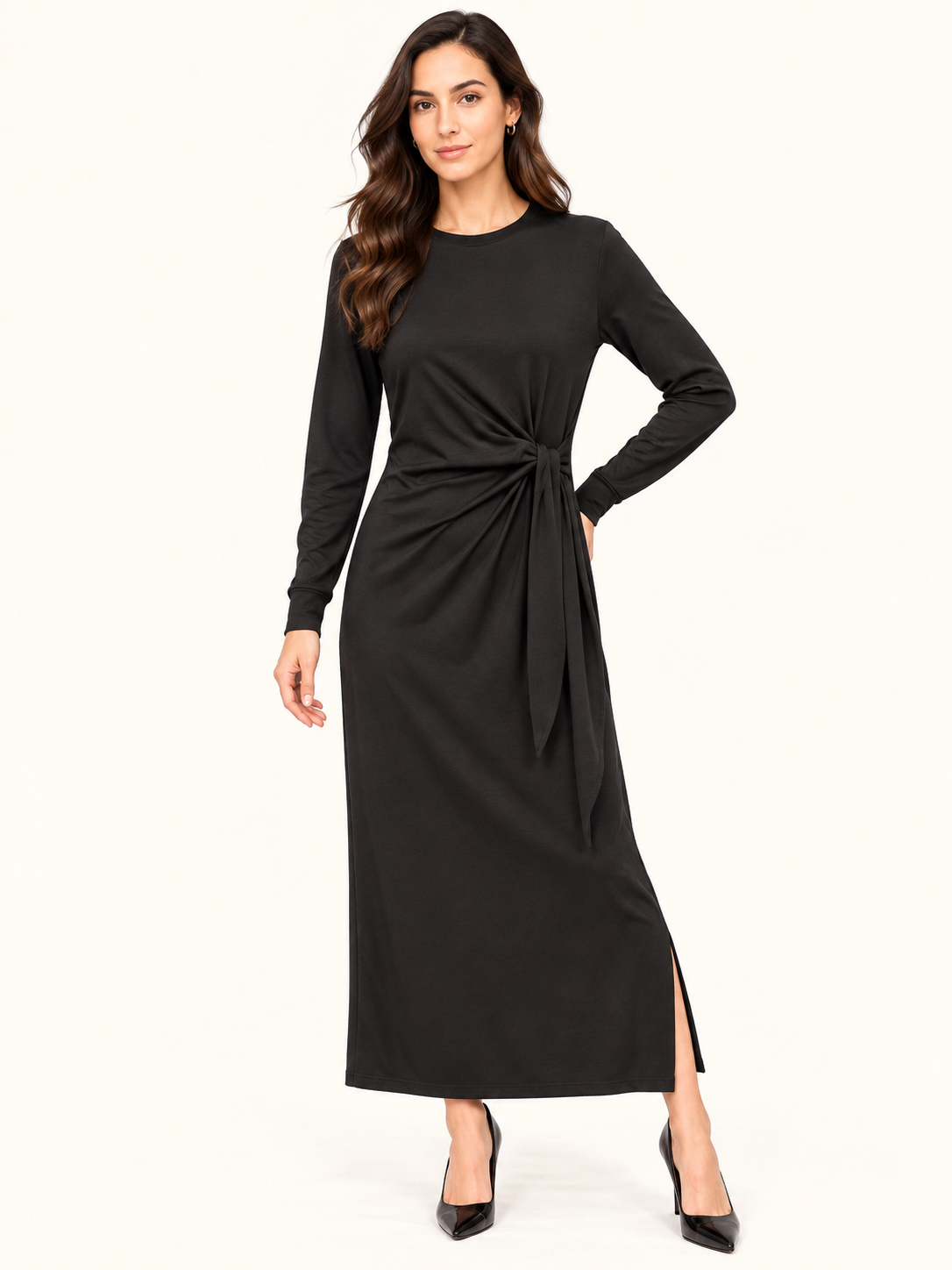Black Side-Knot Long Sleeve Maxi Dress