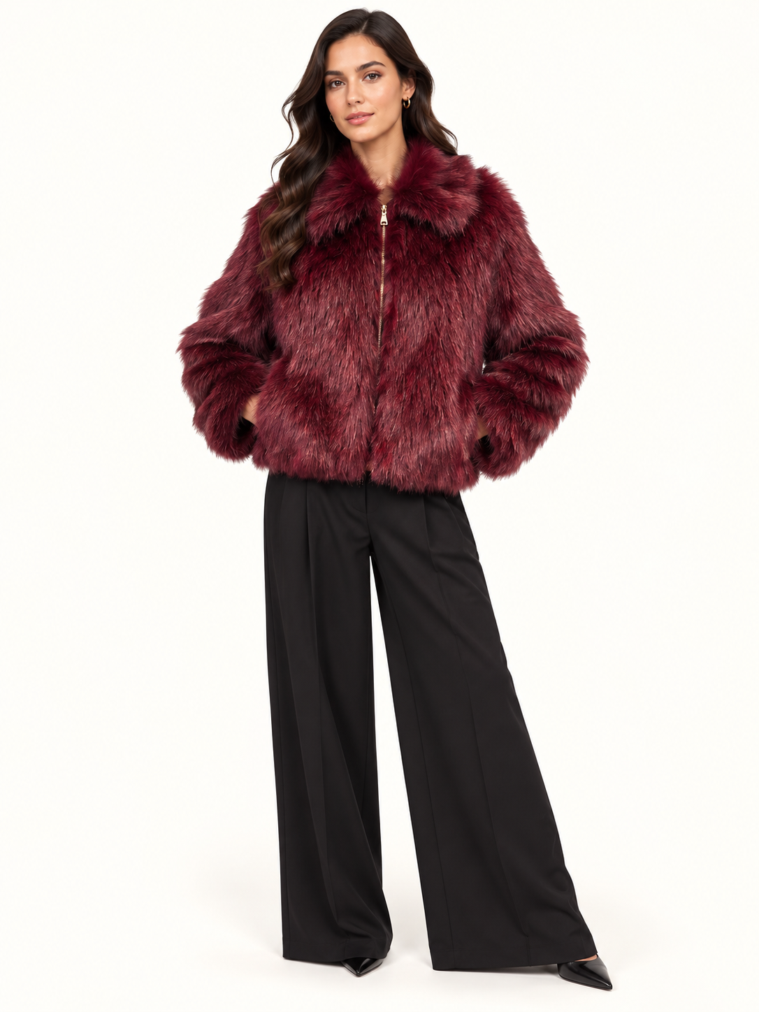 Women's Relaxed Fit Burgundy Faux Fur Jacket With Zip & Statement Collar