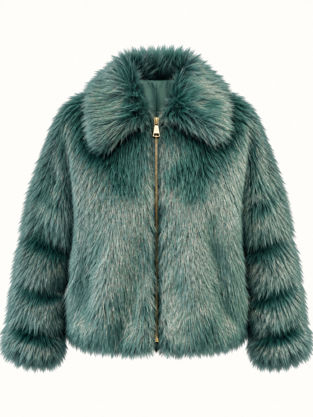 Women's Relaxed Fit Emerald Green Faux Fur Jacket With Zip & Statement Collar