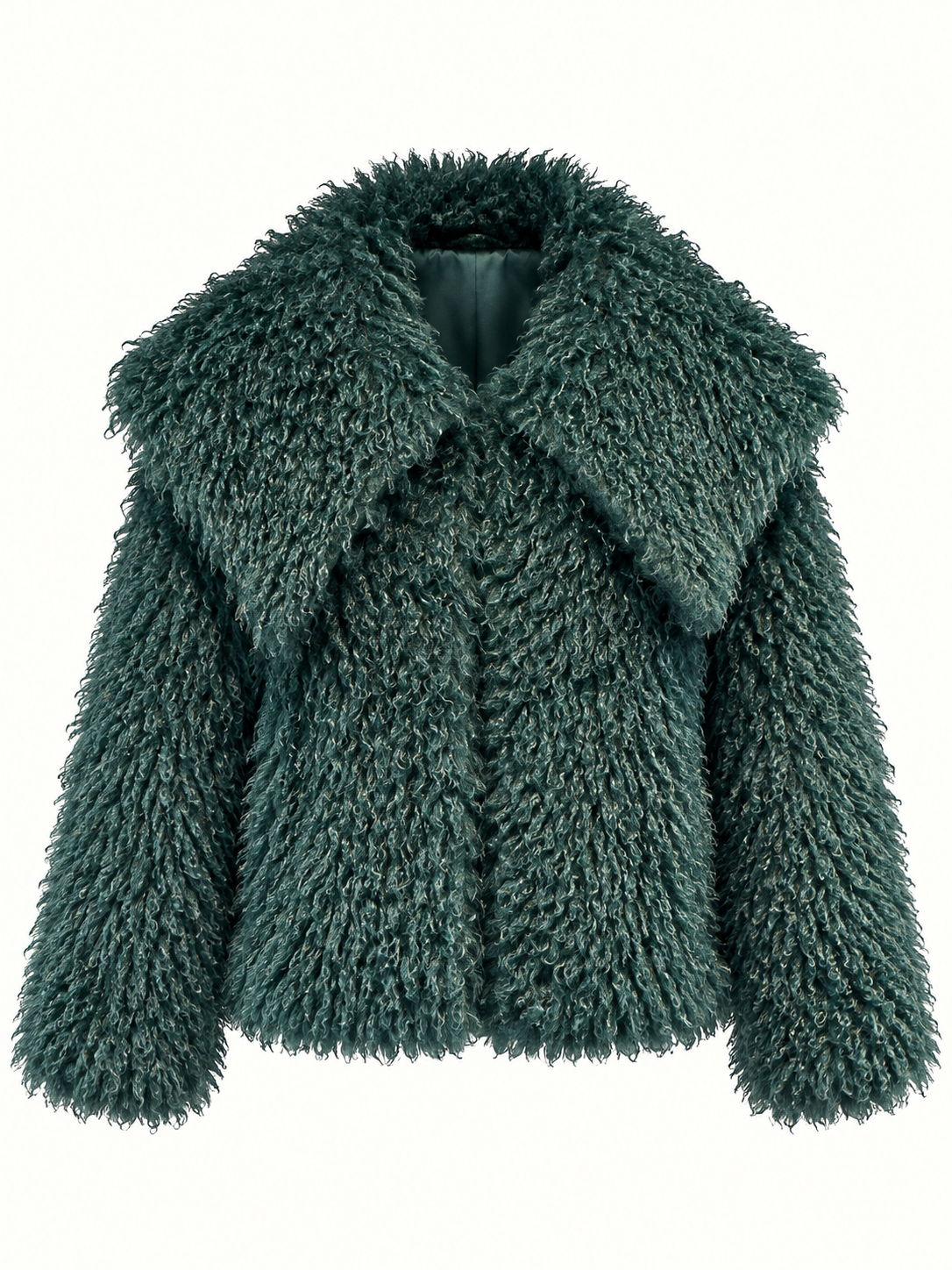 Women's Relaxed Fit Emerald Green Curly Faux Fur Jacket With Oversized Collar