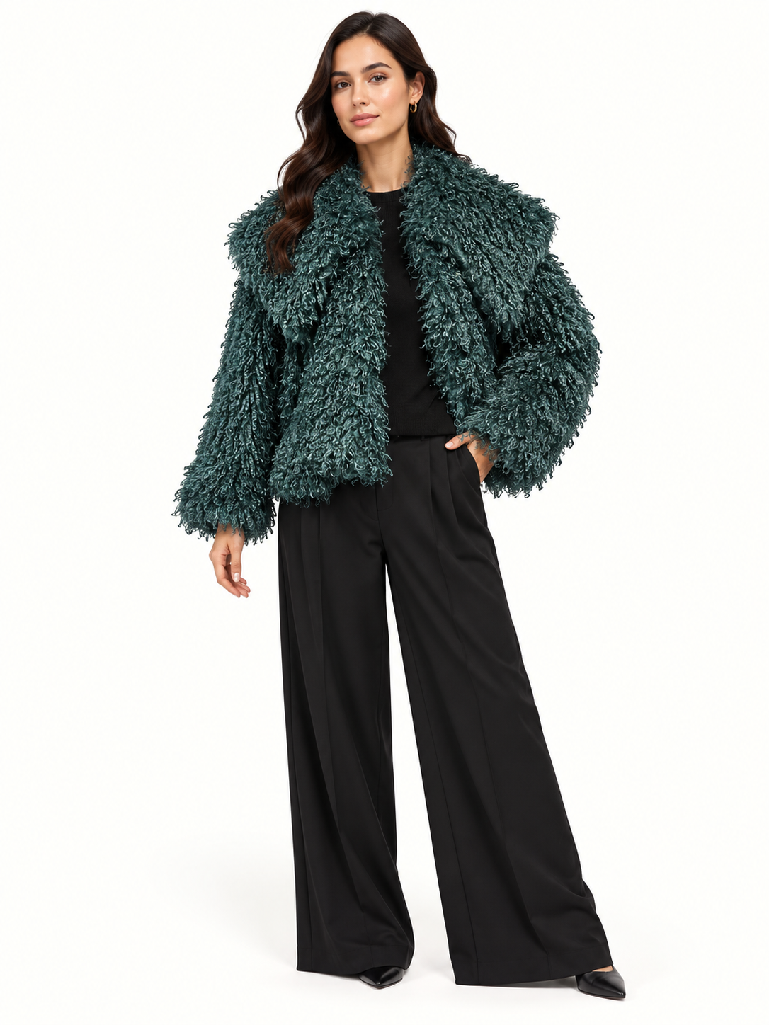 Women's Relaxed Fit Emerald Green Curly Faux Fur Jacket With Oversized Collar
