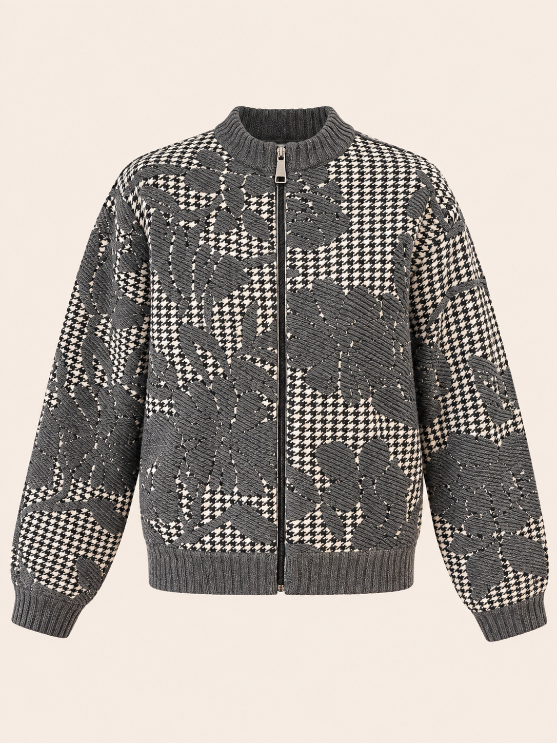 Relaxed Fit Grey Houndstooth Floral Jacquard Zip-Up Jacket - Zip-Up Cardigan
