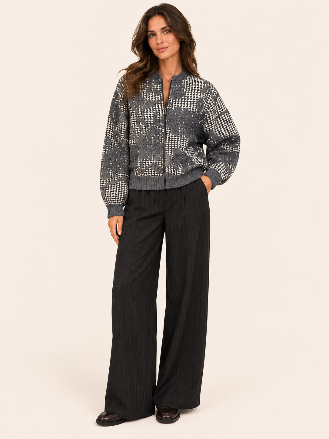 Relaxed Fit Grey Houndstooth Floral Jacquard Zip-Up Jacket - Zip-Up Cardigan