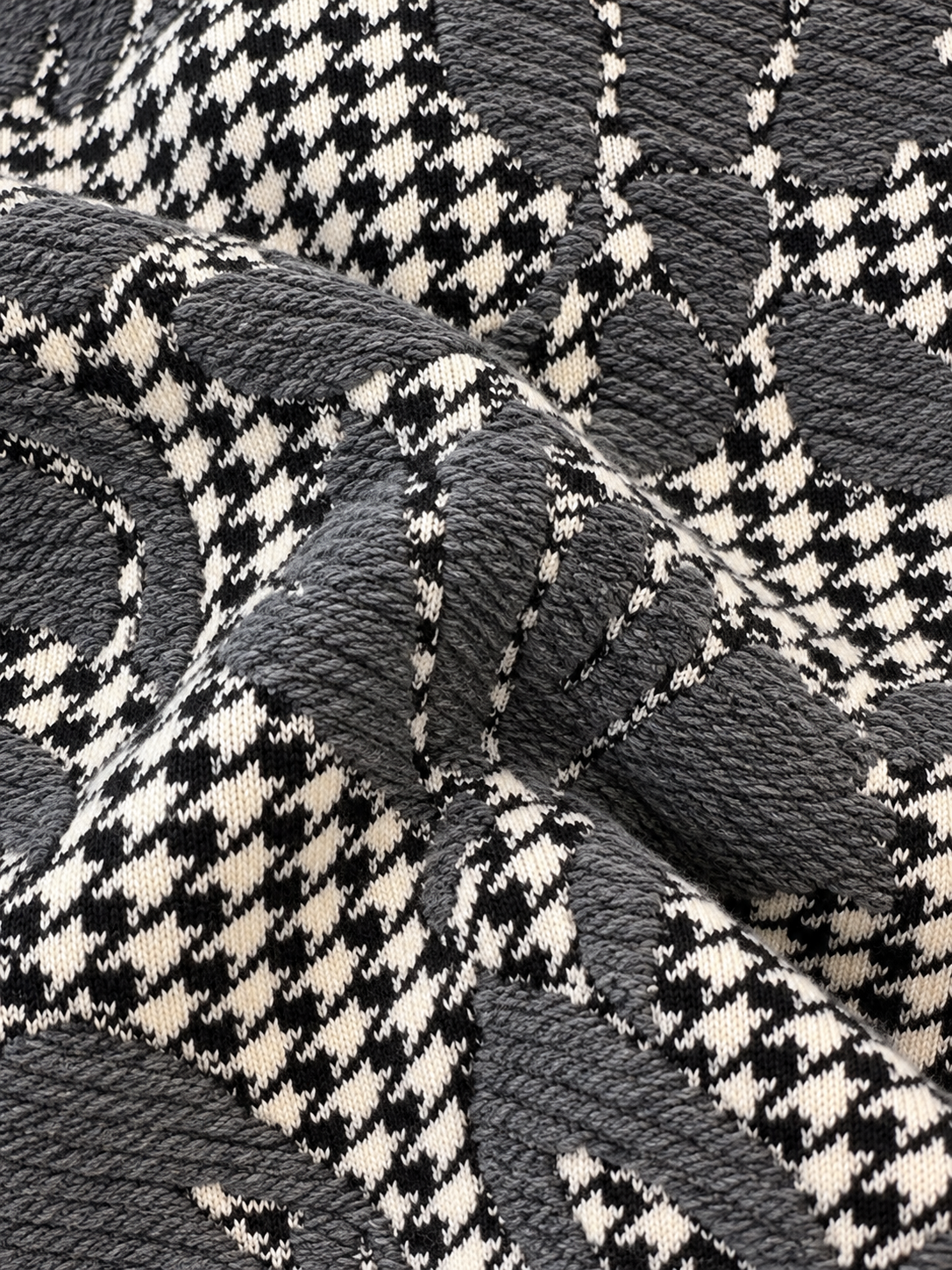 Relaxed Fit Grey Houndstooth Floral Jacquard Zip-Up Jacket - Zip-Up Cardigan