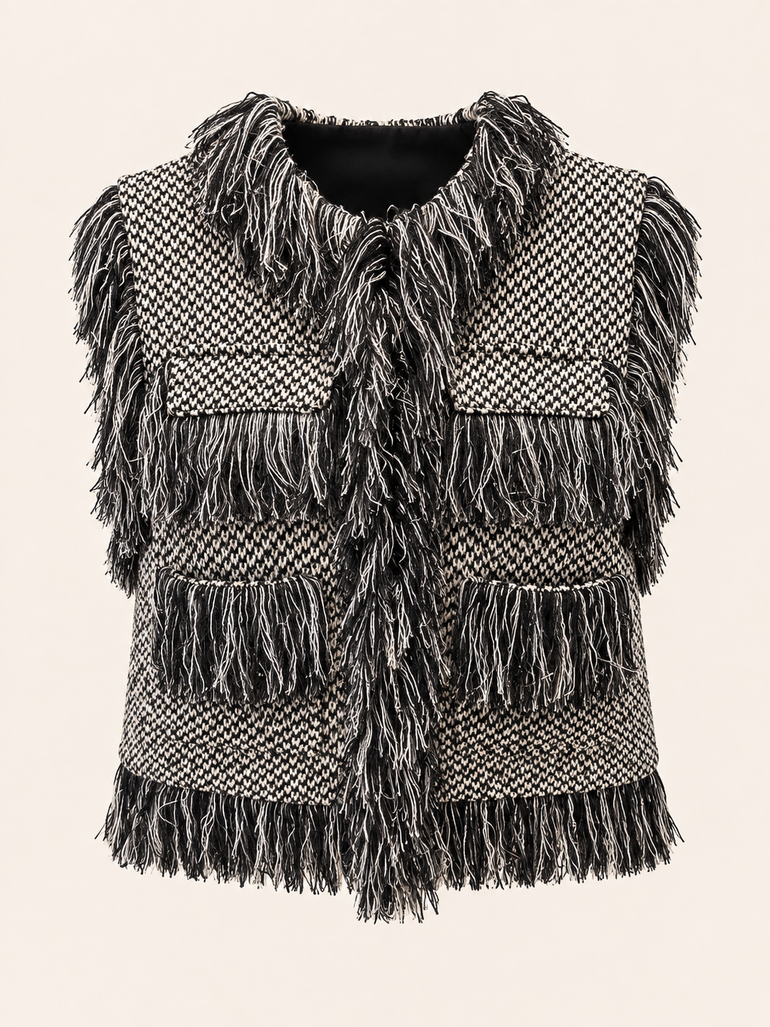 Relaxed Fit Black & Cream Fringe Tweed Vest With Pockets