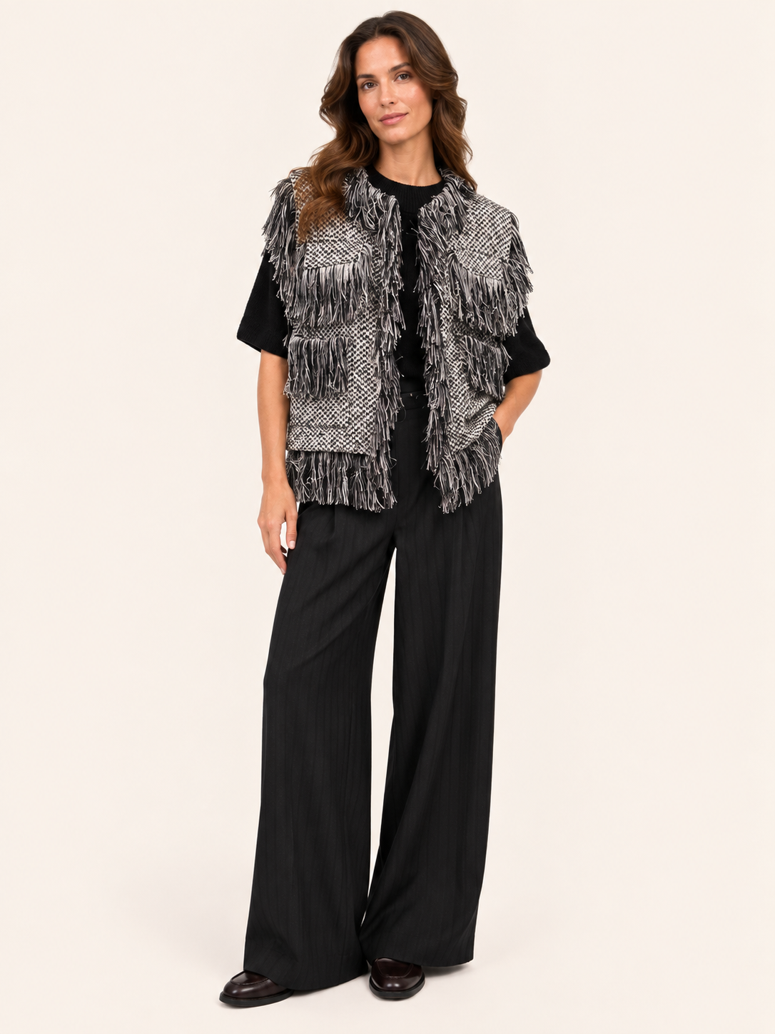 Relaxed Fit Black & Cream Fringe Tweed Vest With Pockets