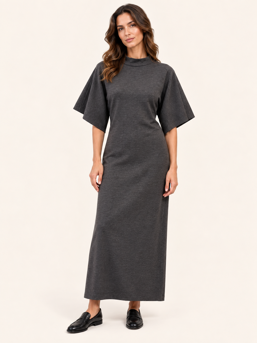 Charcoal Grey Mock Neck Maxi Dress With Wide Sleeves