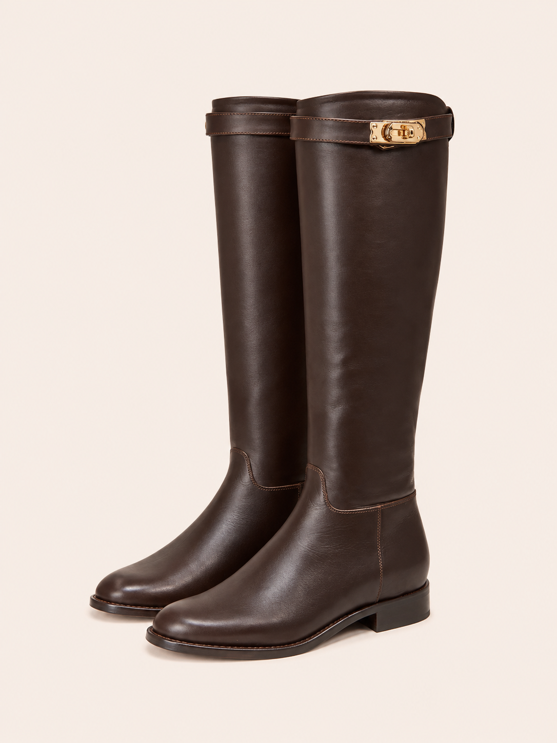 Women's Dark Brown Leather Knee-High Boots With Gold Buckle
