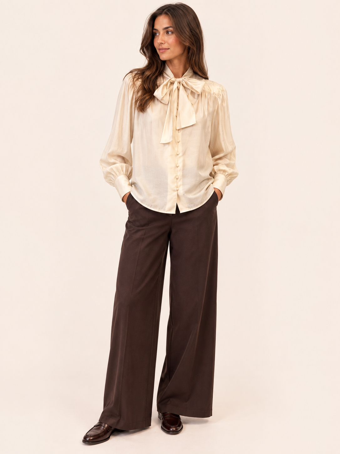 Ivory Bow Neck Blouse With Long Sleeves