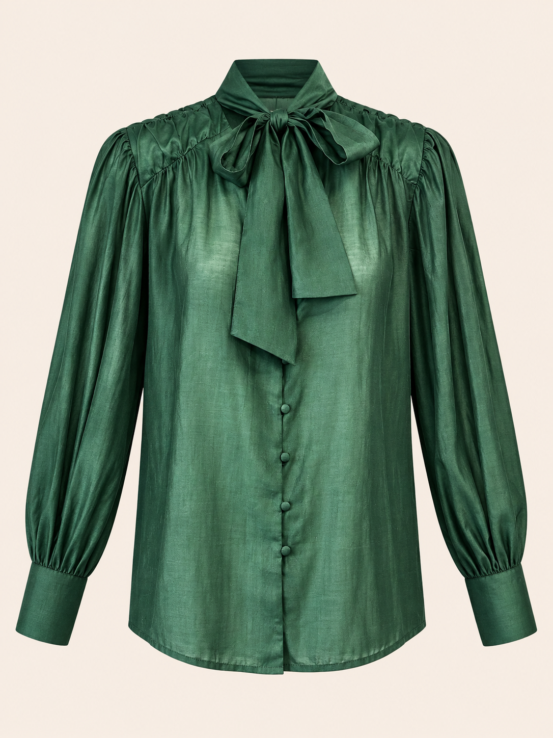 Green Bow Neck Blouse With Long Sleeves
