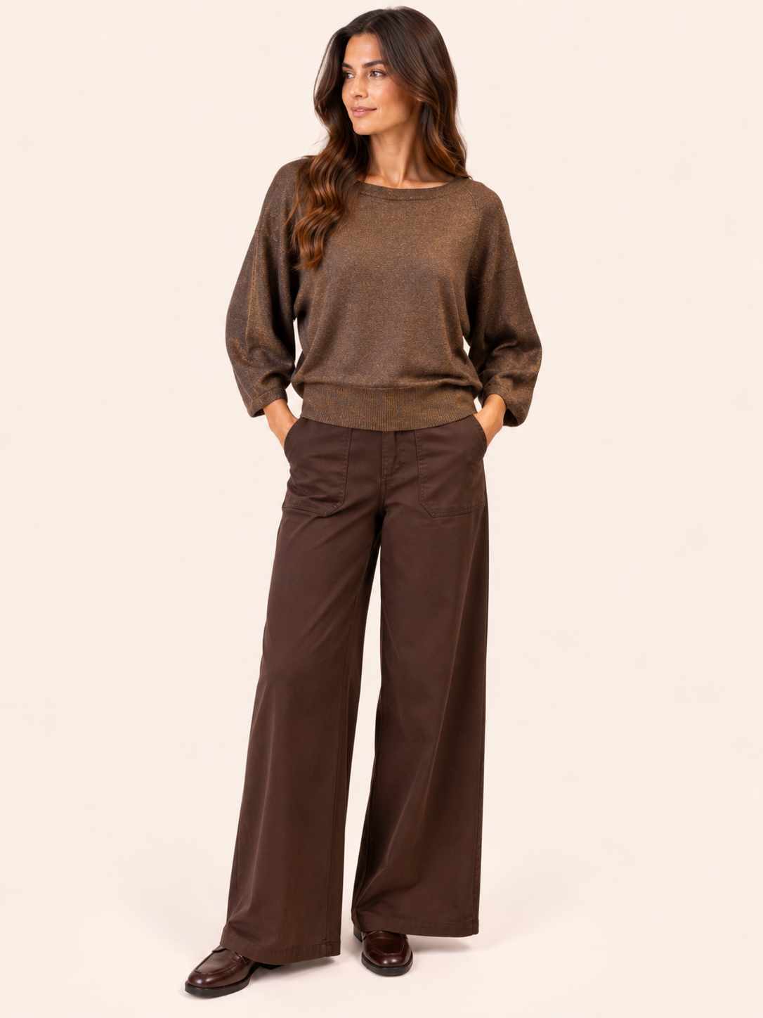 Relaxed Fit Brown Lightweight Knit Sweater With Gold Shimmer