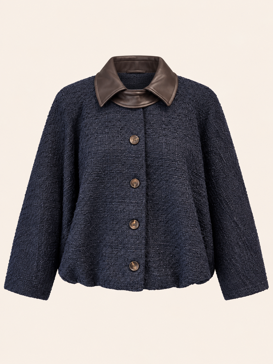 Relaxed Fit Navy Textured Jacket With Brown Faux Leather Collar