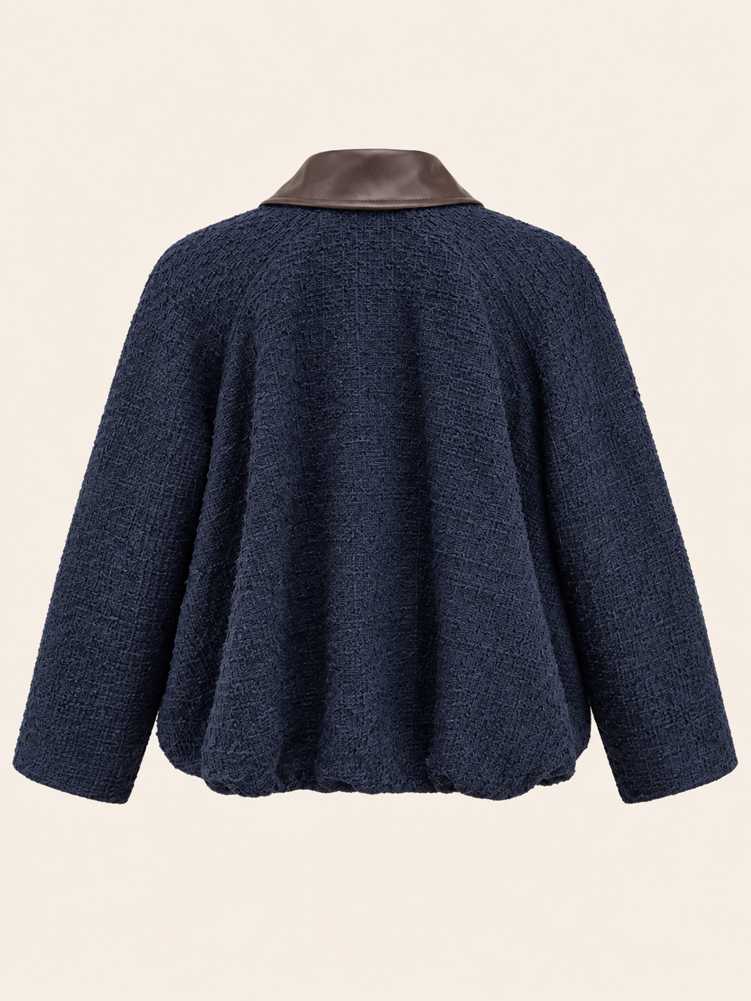 Relaxed Fit Navy Textured Jacket With Brown Faux Leather Collar