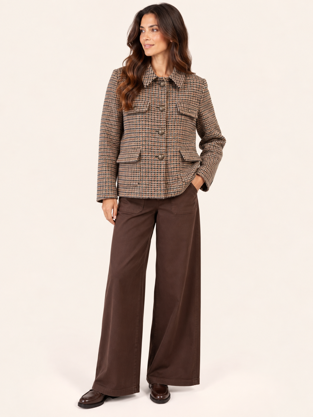 Women's Camel, Navy & Olive Green Houndstooth Jacket With Metal Buttons
