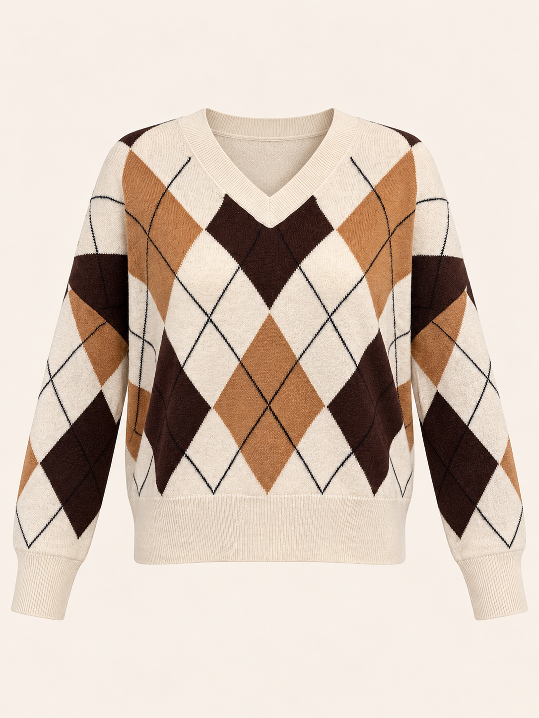 Women's Relaxed Fit Cream Argyle V-Neck Wool Sweater - Brown & Camel